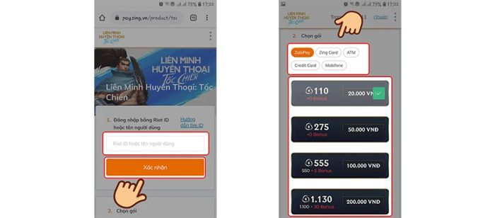 Nạp thẻ Tốc Chiến qua trang chủ VNG