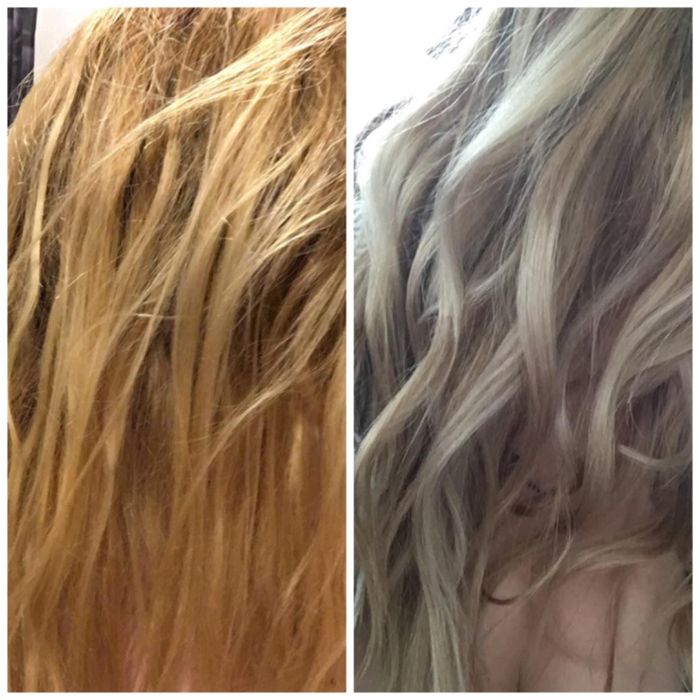 A reviewer's before-and-after: brassy hair transformed into a cooler blonde tone after use.