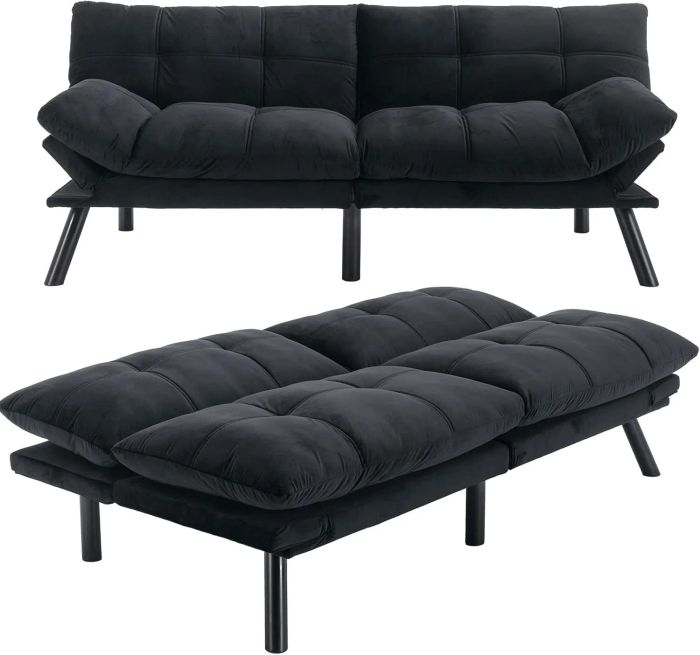 A convertible futon sofa displayed in both upright and flat positions, ideal for adaptable living areas