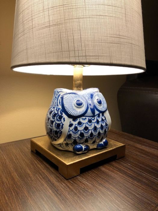 A close-up view of the owl lamp, showcasing its whimsical design.