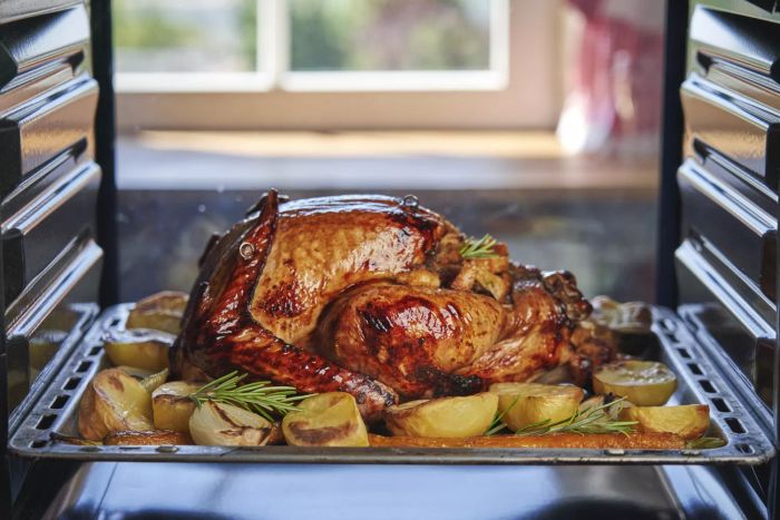 A turkey roasting in the oven