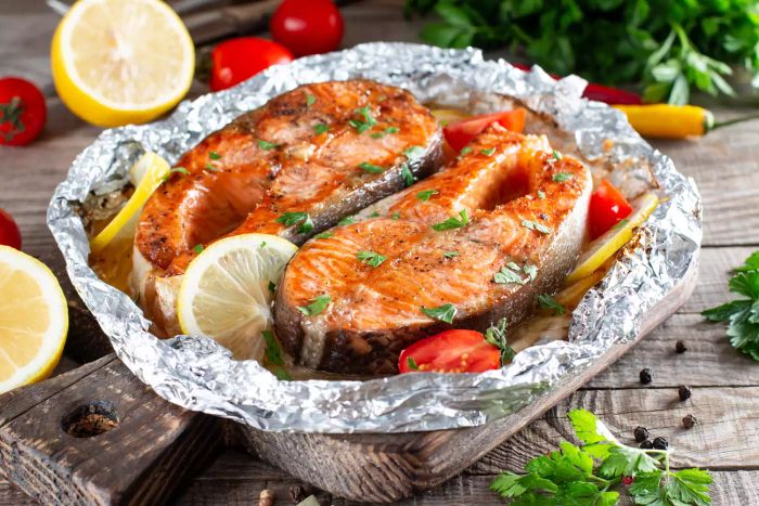 Salmon wrapped in aluminum foil