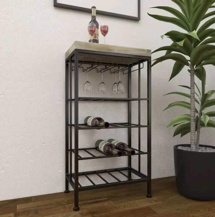 The wine rack featuring a bottle of wine and two glasses on a wooden surface, with wine glasses hanging and three bottles stored horizontally