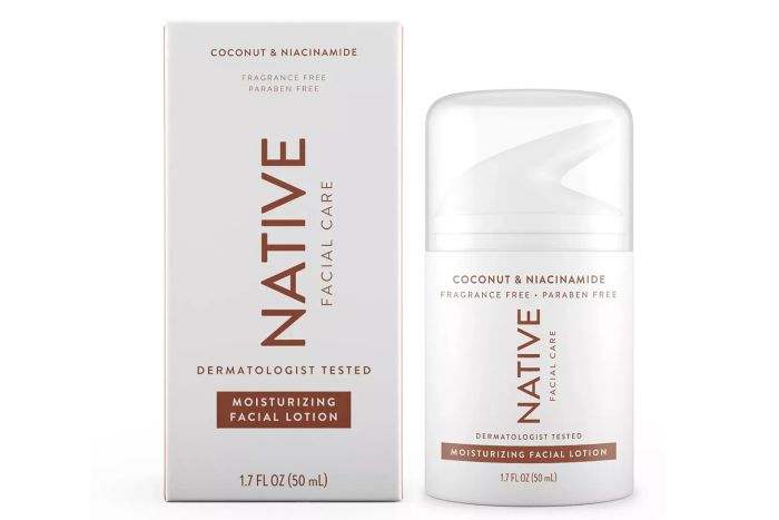 Native Daily Facial Moisturizer, a gentle and hydrating face lotion for both women and men, enriched with Vitamin B3 and coconut. Its lightweight, non-greasy formula comes in a 1.7 fl oz size.