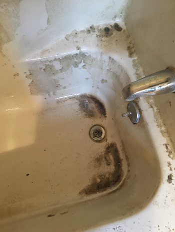 The reviewer’s photo of a dirty, grimy bathtub.