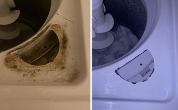 Inside a reviewer's washing machine, showing a very dirty corner, followed by the same corner now spotless