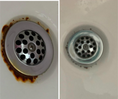 A reviewer’s photo of rust around a sink drain, followed by a shot of the sink completely free of rust after using the product.