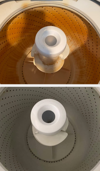 The inside of a reviewer's washing machine, completely stained orange / the same washing machine now spotless and white