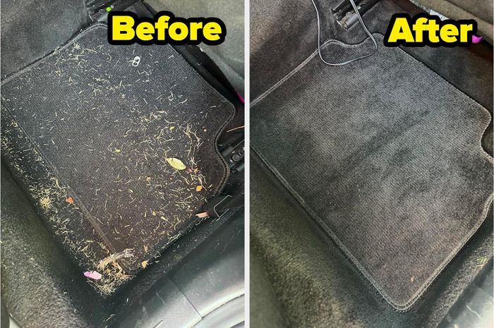 Before and after images showing dirty and cleaned floor mats inside a car