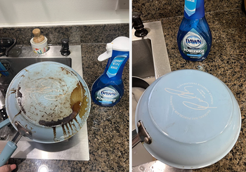 A reviewer's light blue pan covered with brown stains / the same pan now spotless