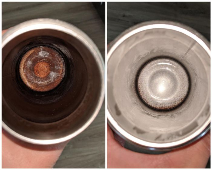 Before and after of a reviewer's thermos, stained dark brown, now looking shiny and silver again after the bottle tablets removed the stains