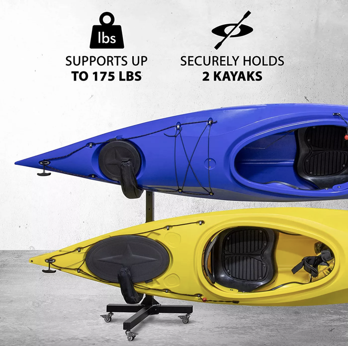 The kayak rack is shown with two specifications: supports up to 175 pounds and holds two kayaks