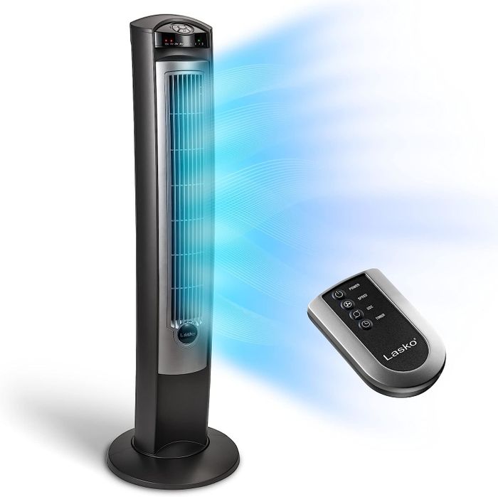 A sleek tower fan with remote control, designed for optimal airflow and modern aesthetics