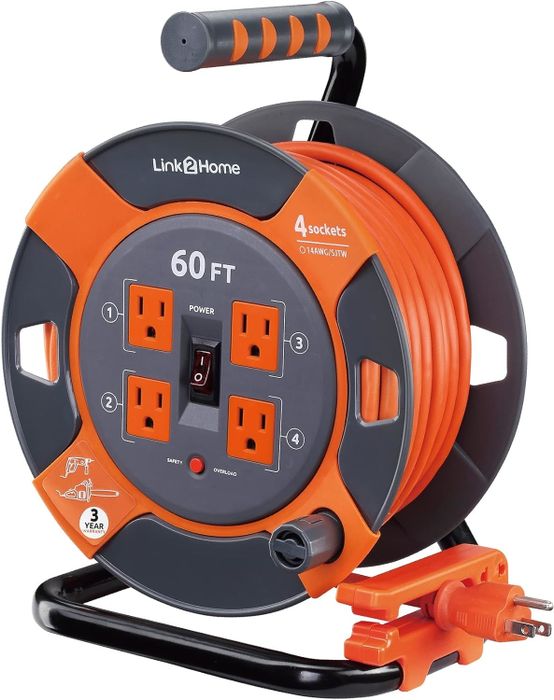 A 60-foot orange and black Link2Home cord reel featuring four sockets and a retractable power cord.