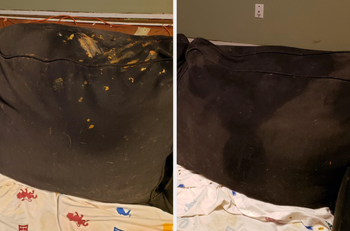A reviewer's couch with poop stains, and then completely cleaned