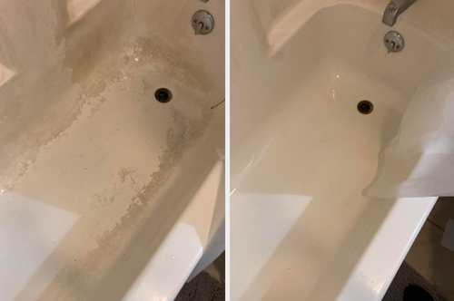 A before and after comparison shows a remarkable improvement in the cleanliness of the reviewer’s bathtub.