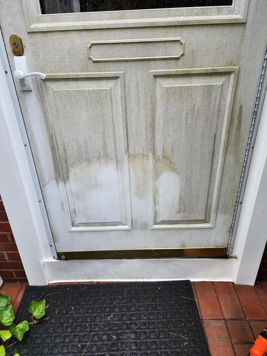A reviewer's dirty door, with the bottom corner now cleaned using the brush attachments