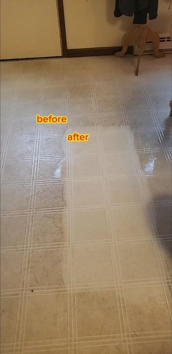 The review shows a floor with one section cleaned while the rest remains stained.