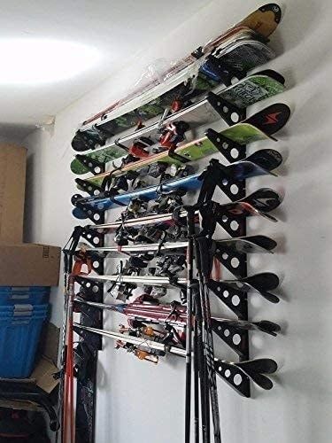 a vertical arrangement of skis mounted on the wall
