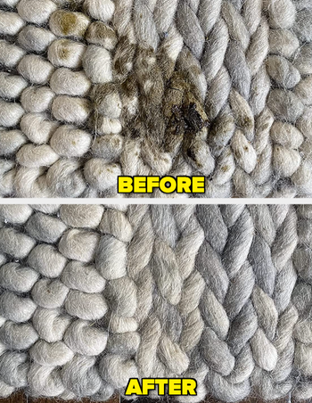 A reviewer's knitted rug with a large black/green stain on it, labeled