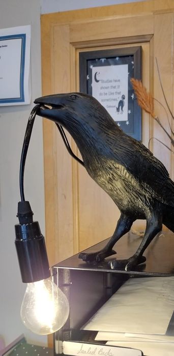 A crow-shaped lamp holding a lit bulb in its beak, perched atop a gray cabinet