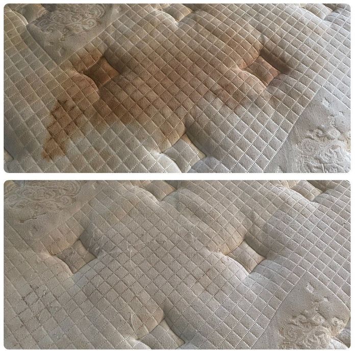 Reviewer's before-and-after images of a mattress with a large dark brown stain that vanishes completely