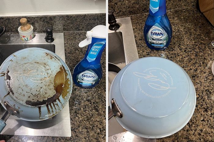 Reviewer's before-and-after photo of a dirty pan and a clean one