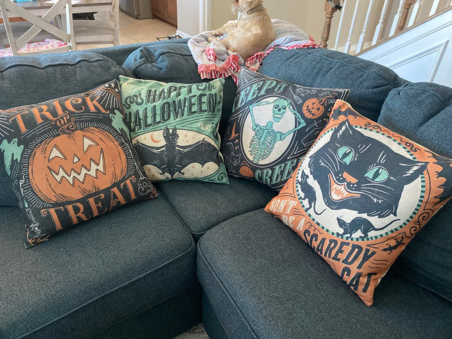 A reviewer's sectional with all four pillows neatly arranged in the corner