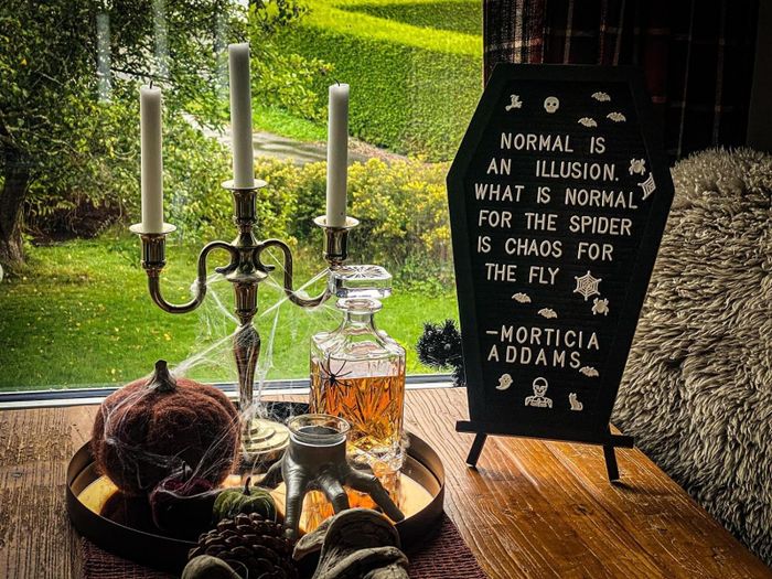 A reviewer's spooky setup featuring a quote on the coffin-shaped letterboard