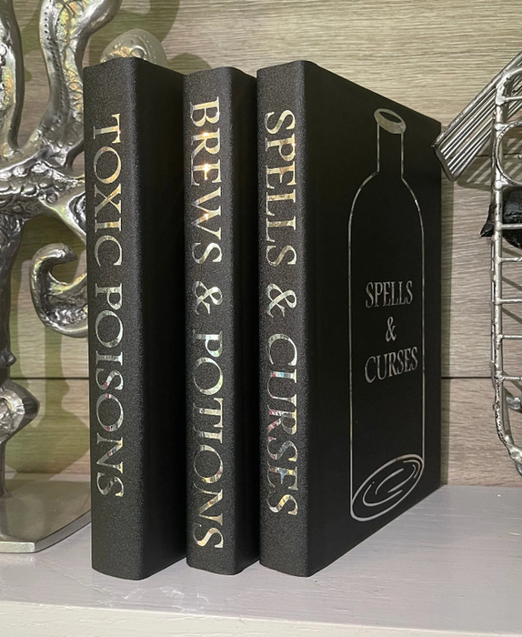 Three black books with holographic lettering on the spines that read: Toxic Poisons, Brews & Potions, Spells & Curses.
