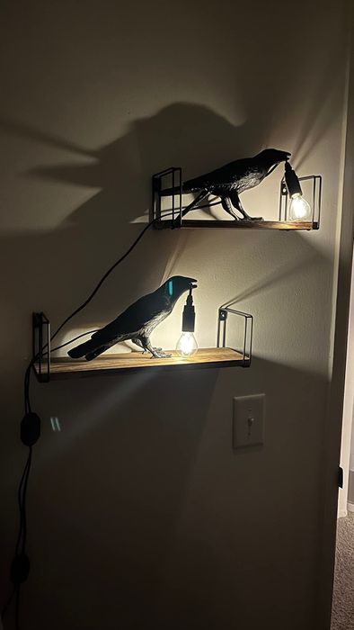 Two black crow-shaped lamps perched on wooden shelves, each holding a lit bulb in their beaks, casting a decorative glow across the room