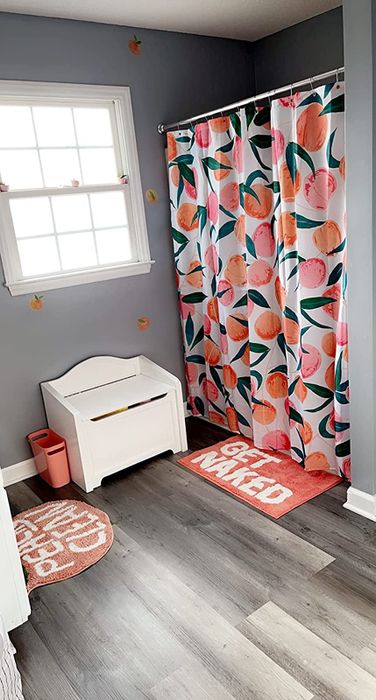 The shower curtain hanging in a bathroom