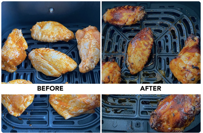 Some delicious chicken wings before and after cooking in the air fryer.
