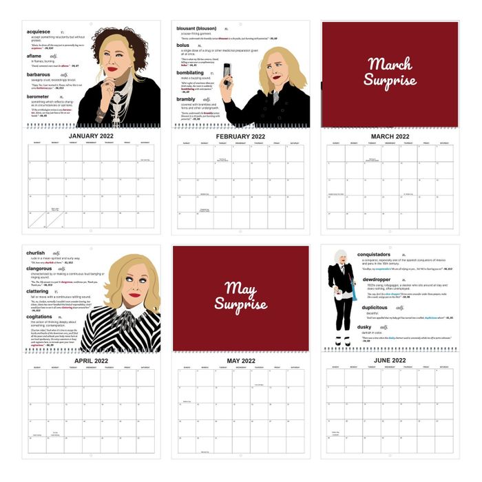 The calendar filled with charming illustrations and hilarious new words for each month, capturing the wit of Moira Rose perfectly.