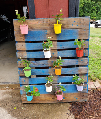 A reviewer’s pots suspended from painted wooden planks.