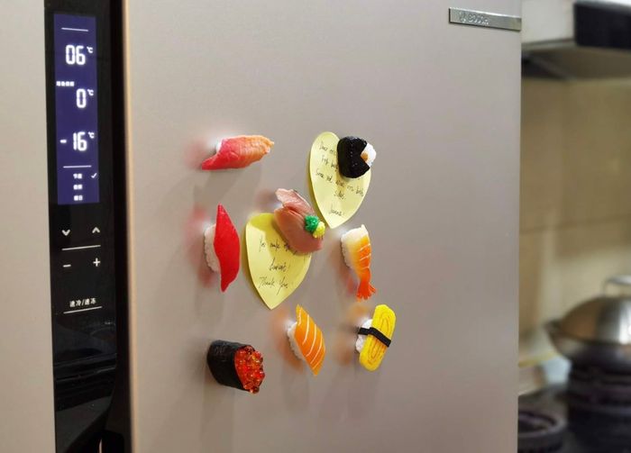 The magnets attached to a fridge, adding a pop of color