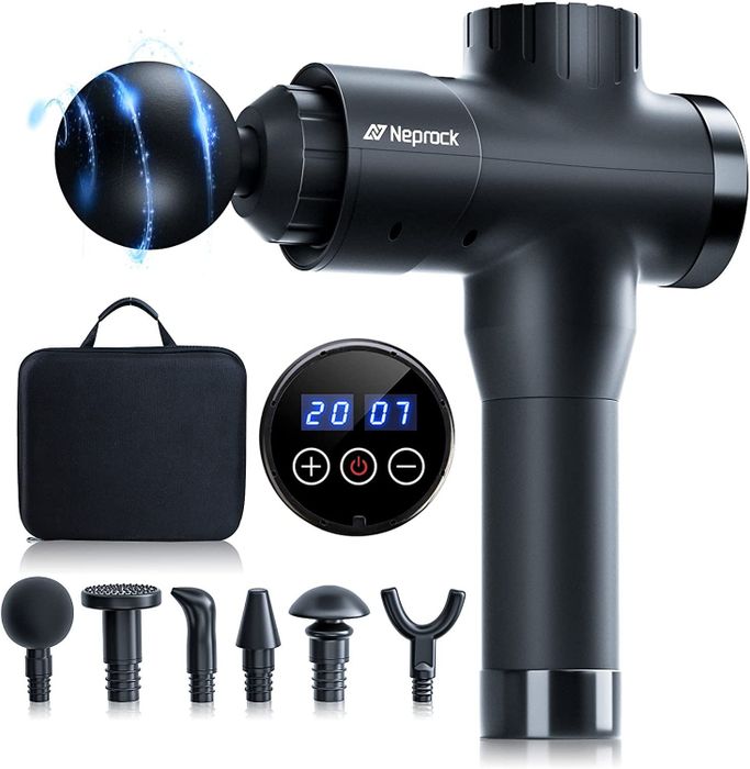 The sleek black massage gun, complete with a carrying case and various head attachments for customized relief.