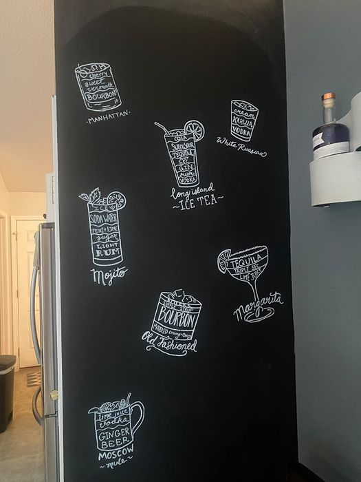 A wall coated with chalkboard paint, featuring sketches of various beverages