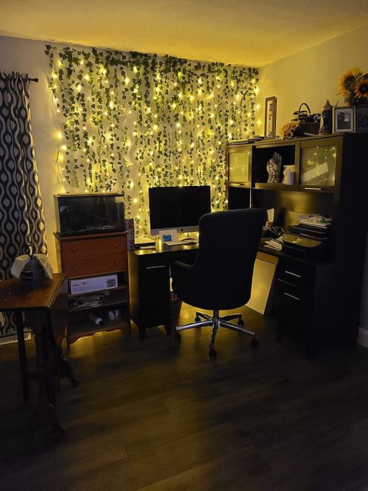 Fairy lights and artificial vines draped behind a reviewer's desk, creating a cozy atmosphere
