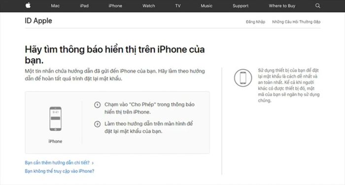 Nhấn vào 'Cho phép' khi bạn quên mật khẩu ID Apple.