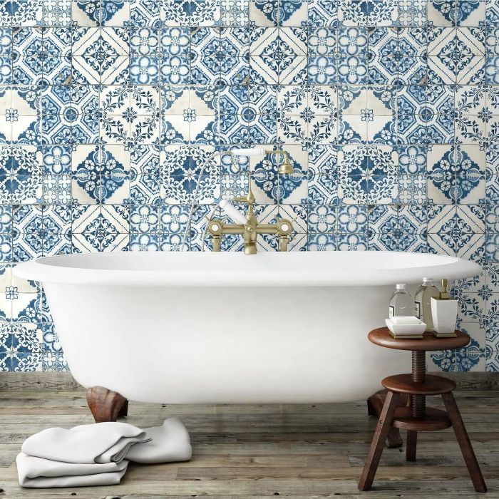 The blue and white wallpaper applied in a bathroom setting