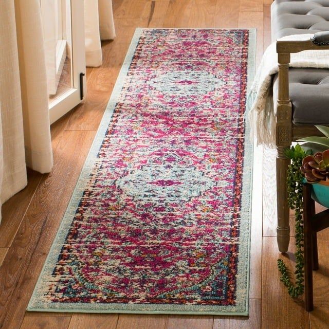 Fuchsia/Teal runner on a wooden floor