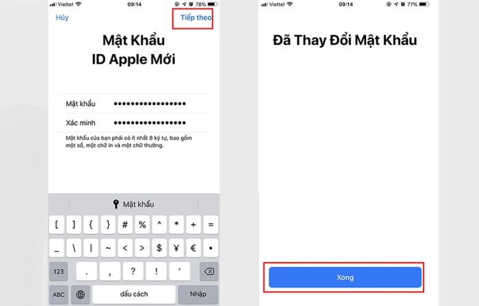 Nhấn 'Xong' để kết thúc khi bạn quên mật khẩu ID Apple.