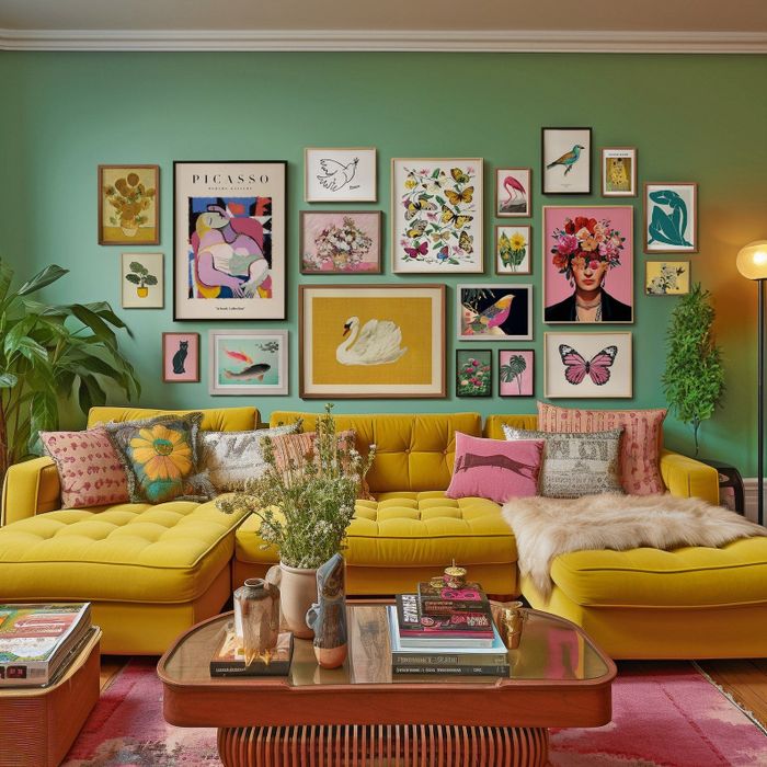 The maximalist art prints framed and arranged on a gallery wall, creating a vibrant focal point.