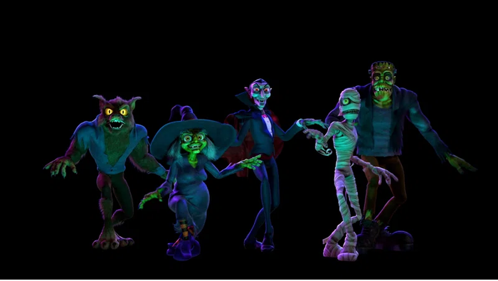Animated Halloween characters like a werewolf, witch, vampire, mummy, and Frankenstein's monster, dressed in spooky costumes, striking poses as if on a runway
