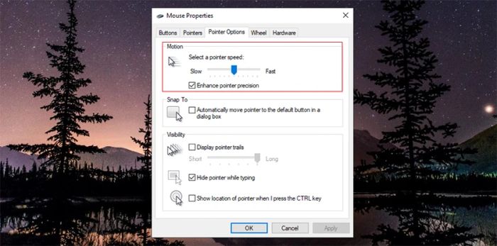 Điều chỉnh tốc độ chuột Win 10 thông qua tùy chọn Pointer Options