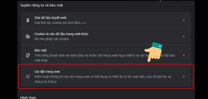 chọn mục Cài đặt trang web