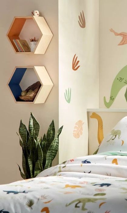 The hexagon-shaped shelves in a variety of colors mounted on a wall