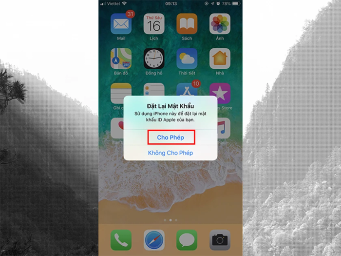 Nhấn vào 'Cho phép' khi không nhớ mật khẩu ID Apple.