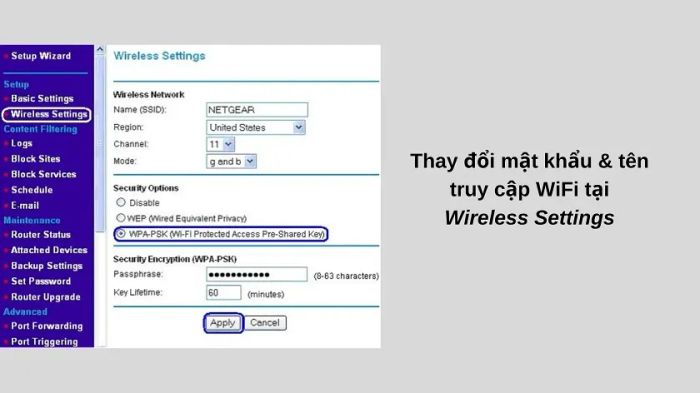 Wireless Settings hoặc Security Settings
